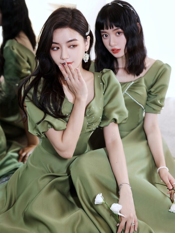 2024 Avocado Green Sisters Group Dress Skirt Women Satin Spring - Image 8
